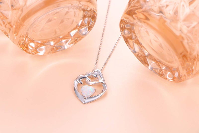 FLYOW Mom Gifts 925 Sterling Silver Mother and Daughter/Son Heart Lab Opal Pendant Necklace Jewelry for Women, Adjustable Silver Chain 18+2 Inches (Silver) - Image 5
